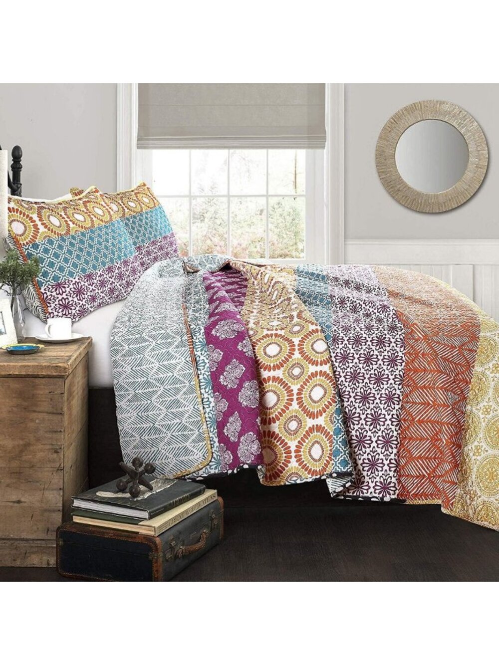 Bohemian Stripe Reversible Cotton Quilt Set, 3 Piece Full/Queen Bedding, Fuchsia